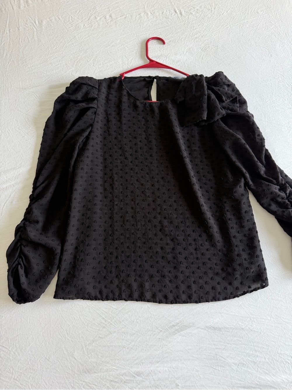 Zara Black Textured Puff-Sleeve Blouse with Tie Detail
